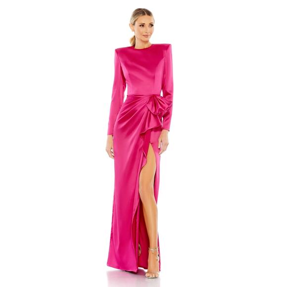 Mac Duggal 26676 Magenta Pink Satin Long Sleeve Structured Bow Gown Size 4 NWT - Picture 1 of 8